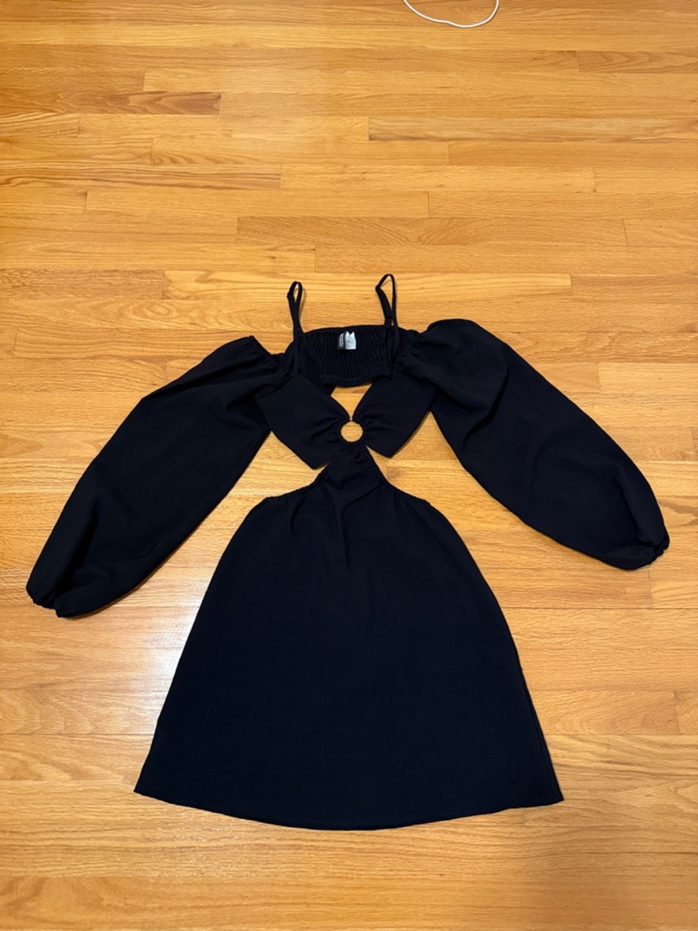 H&M Black Off-Shoulder Mini Dress with Puff Sleeves and Ring Cutout